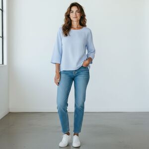 Focus Blue Grey 3/4 Sleeve Rayon Flax Linen Light weight Scoop Neck Blouse